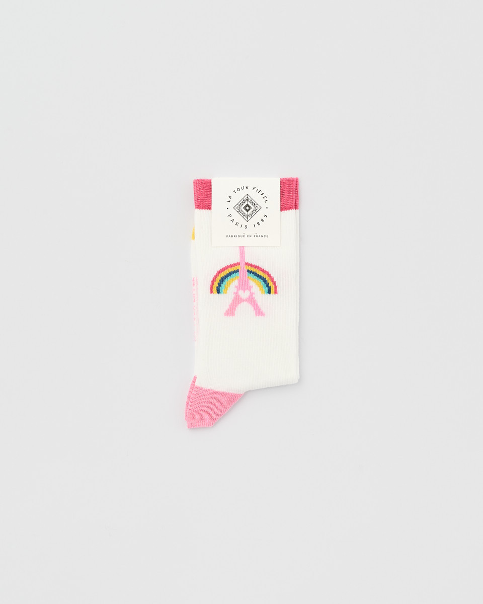 Kids’ White and Pink Cotton Socks – Eiffel Tower